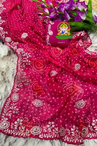 soft  georgette bandhani print saree with pitha work embroidery & mono bangalori blouse