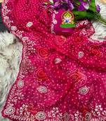 soft  georgette bandhani print saree with pitha work embroidery & mono bangalori blouse