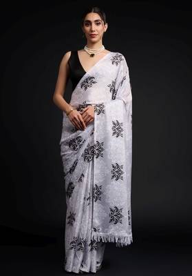 white chinon prinnted ready to wear saree 1