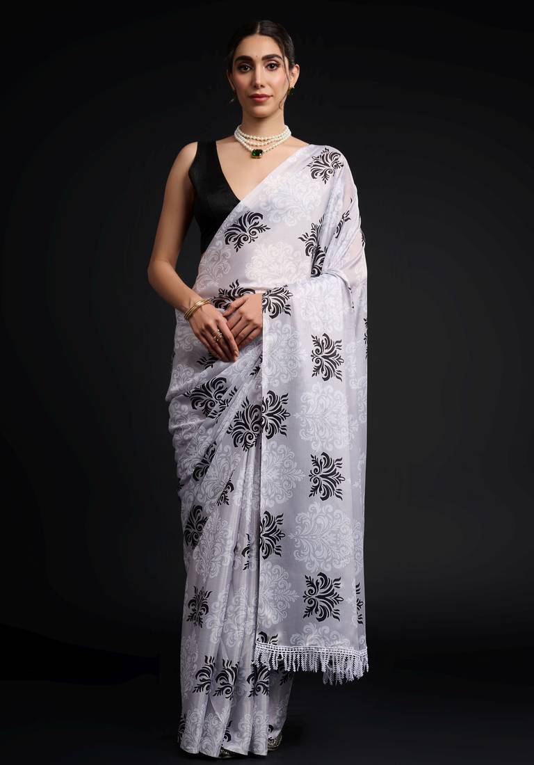 white color chinon fabric designer prinnted ready to wear saree