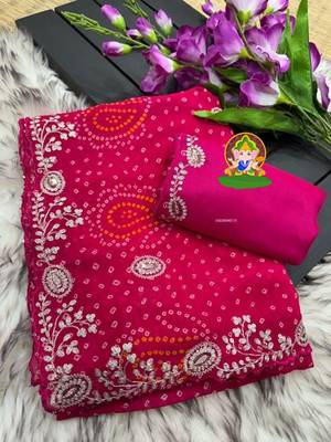 soft  georgette bandhani print saree with pitha work embroidery & mono bangalori blouse 2