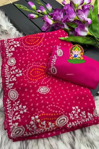 soft  georgette bandhani print saree with pitha work embroidery & mono bangalori blouse