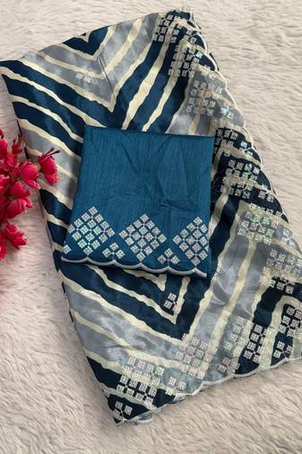 chiffon lehriya design saree with heavy thread & sequins work and mono banglori blouse