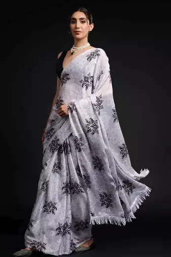 white chinon prinnted ready to wear saree