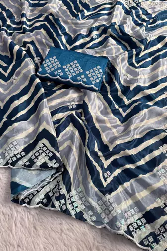 chiffon lehriya design saree with heavy thread & sequins work and mono banglori blouse