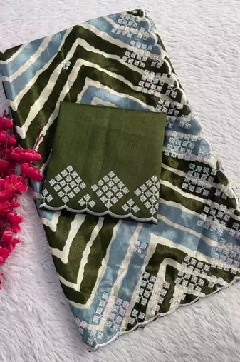 chiffon lehriya design saree with heavy thread & sequins work and mono banglori blouse