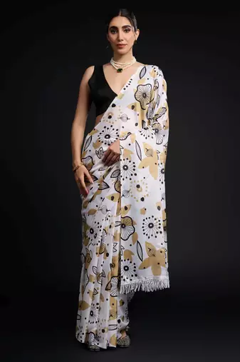 white color chinon fabric designer prinnted ready to wear saree
