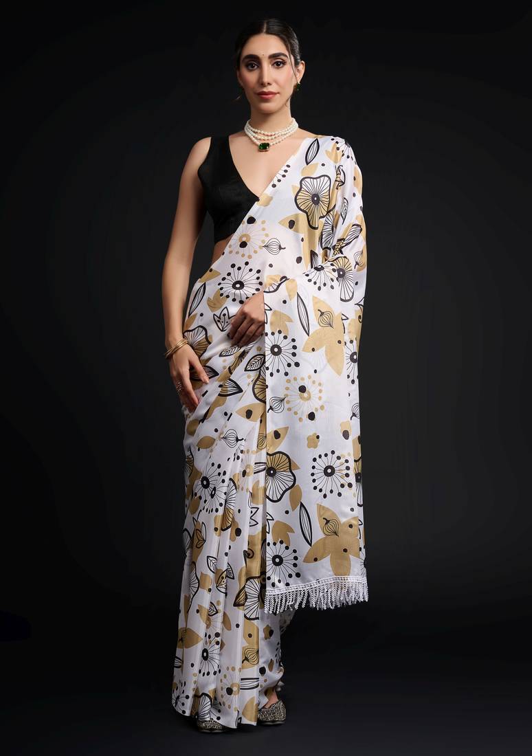 white color chinon fabric designer prinnted ready to wear saree