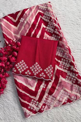 chiffon lehriya design saree with heavy thread & sequins work and mono banglori blouse