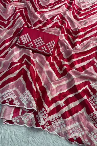 chiffon lehriya design saree with heavy thread & sequins work and mono banglori blouse