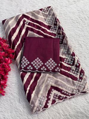 chiffon lehriya design saree with heavy thread & sequins work and mono banglori blouse 1
