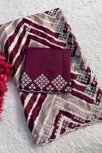 chiffon lehriya design saree with heavy thread & sequins work and mono banglori blouse