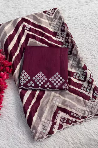 chiffon lehriya design saree with heavy thread & sequins work and mono banglori blouse