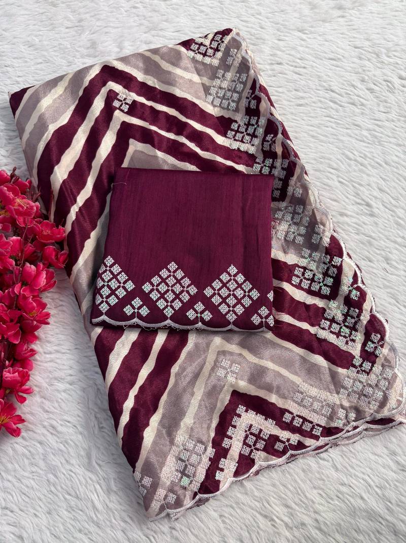 chiffon lehriya design saree with heavy thread & sequins work and mono banglori blouse