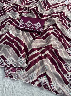 chiffon lehriya design saree with heavy thread & sequins work and mono banglori blouse 2