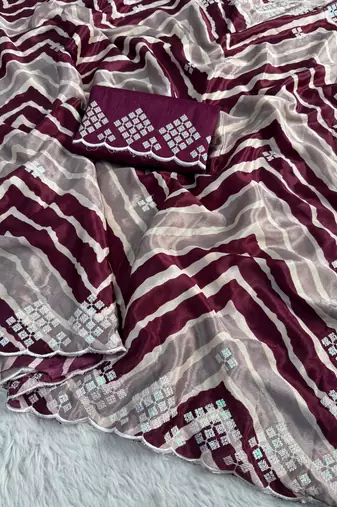 chiffon lehriya design saree with heavy thread & sequins work and mono banglori blouse