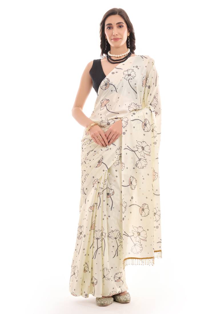 cream color chinon fabric designer prinnted ready to wear saree