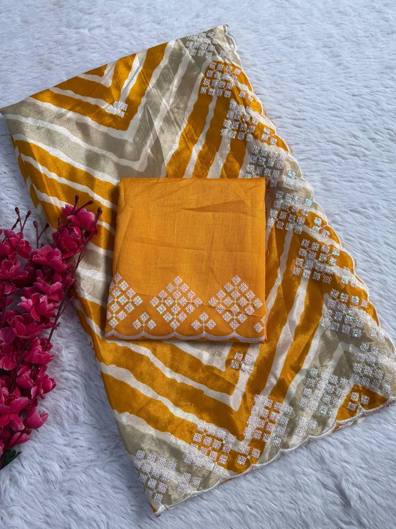 chiffon lehriya design saree with heavy thread & sequins work and mono banglori blouse