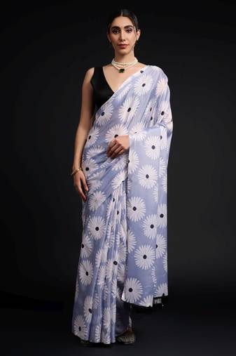 blue color chinon fabric designer prinnted ready to wear saree