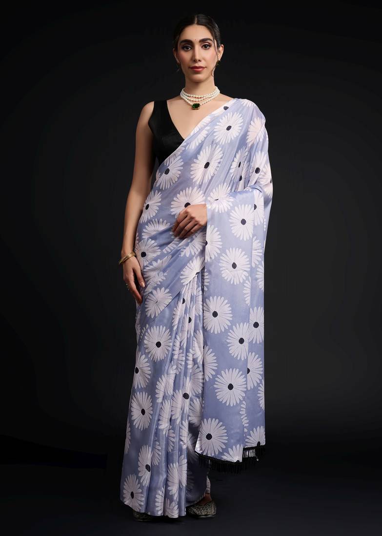 blue color chinon fabric designer prinnted ready to wear saree