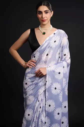 blue chinon prinnted ready to wear saree