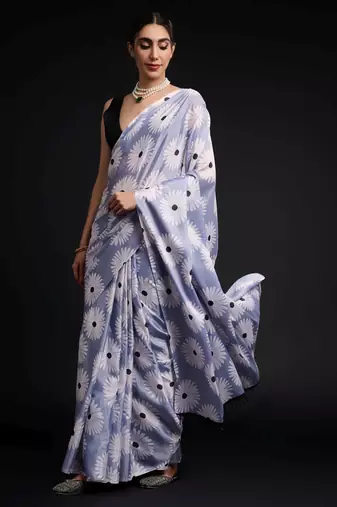 blue chinon prinnted ready to wear saree