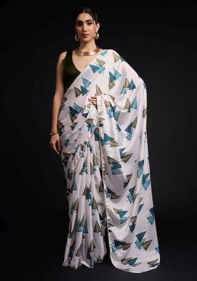 white chinon prinnted ready to wear saree 1