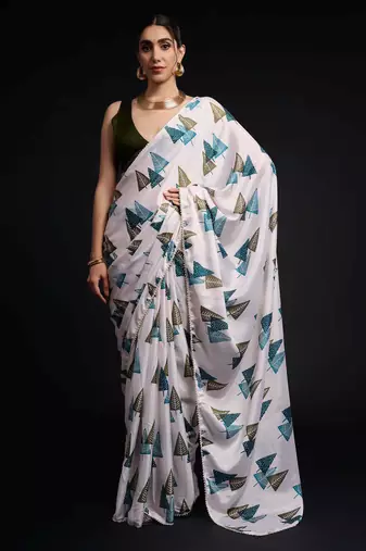 white color chinon fabric designer prinnted ready to wear saree