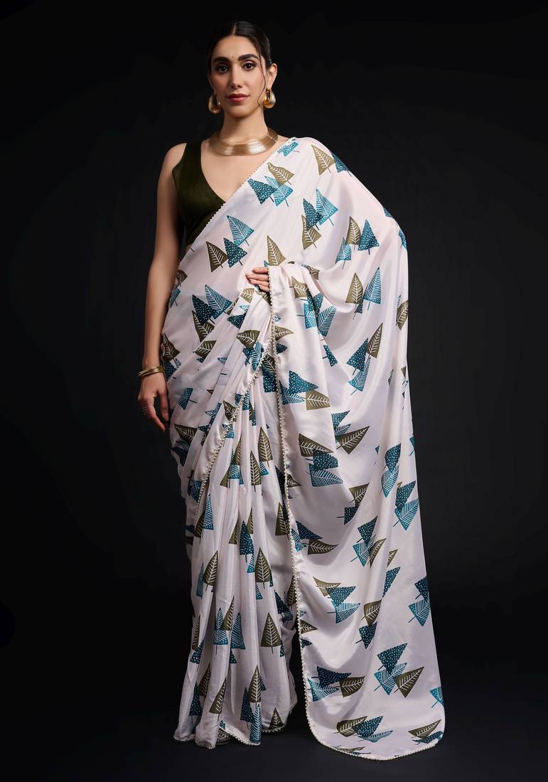 white color chinon fabric designer prinnted ready to wear saree