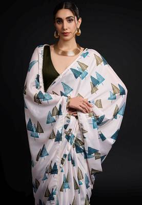 white chinon prinnted ready to wear saree 2