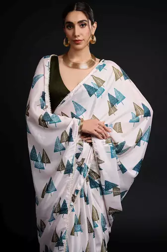 white chinon prinnted ready to wear saree