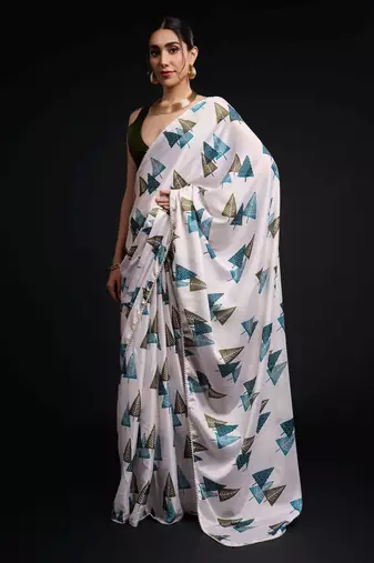 white chinon prinnted ready to wear saree