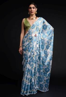 blue chinon prinnted ready to wear saree 1