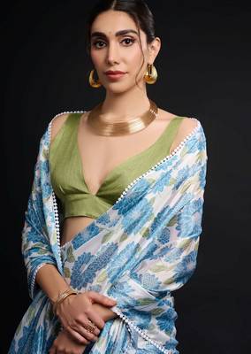 blue chinon prinnted ready to wear saree 2