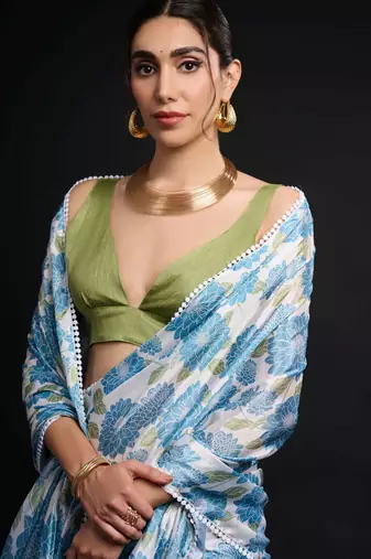 blue chinon prinnted ready to wear saree