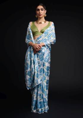 blue chinon prinnted ready to wear saree 3