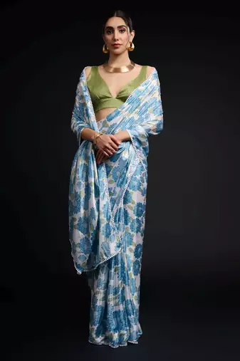 blue chinon prinnted ready to wear saree