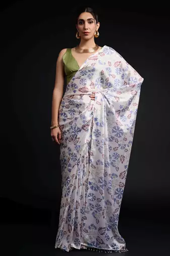 white color chinon fabric designer prinnted ready to wear saree