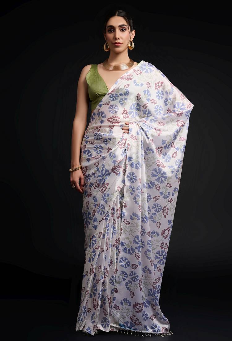 white color chinon fabric designer prinnted ready to wear saree