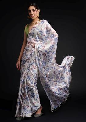 white chinon prinnted ready to wear saree 3