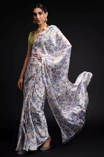 white chinon prinnted ready to wear saree