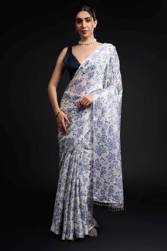 blue color chinon fabric designer prinnted ready to wear saree