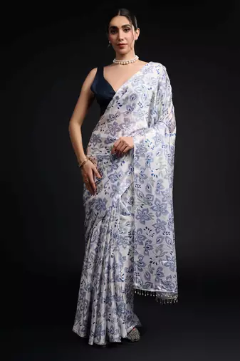 blue color chinon fabric designer prinnted ready to wear saree