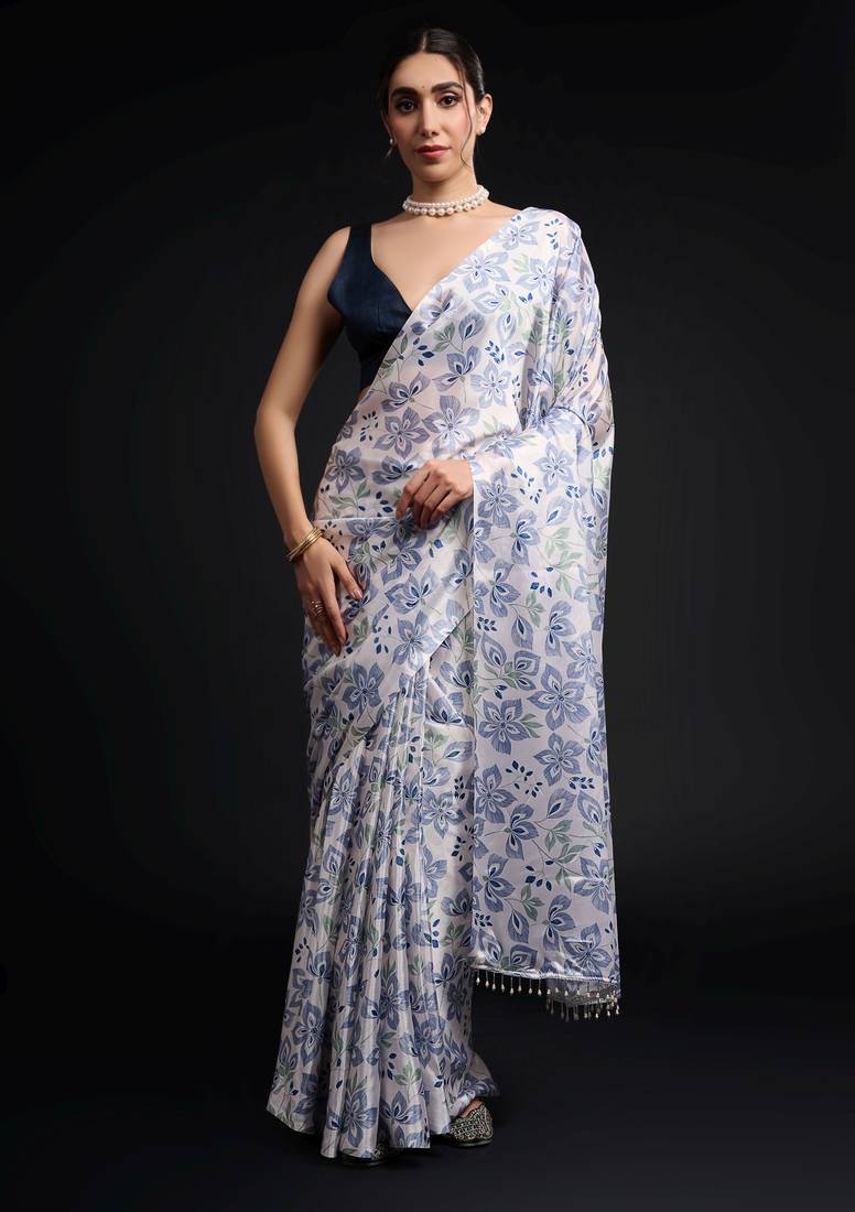 blue color chinon fabric designer prinnted ready to wear saree