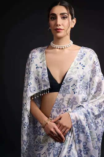 blue chinon prinnted ready to wear saree