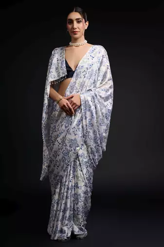 blue chinon prinnted ready to wear saree
