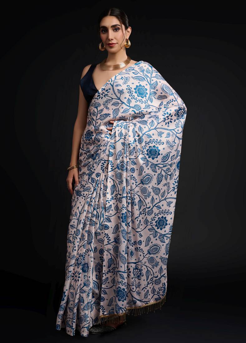 blue color chinon fabric designer prinnted ready to wear saree