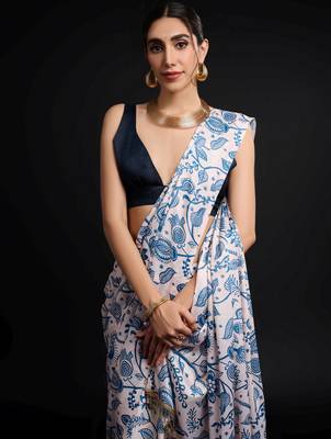 blue chinon prinnted ready to wear saree 2