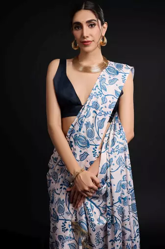 blue chinon prinnted ready to wear saree