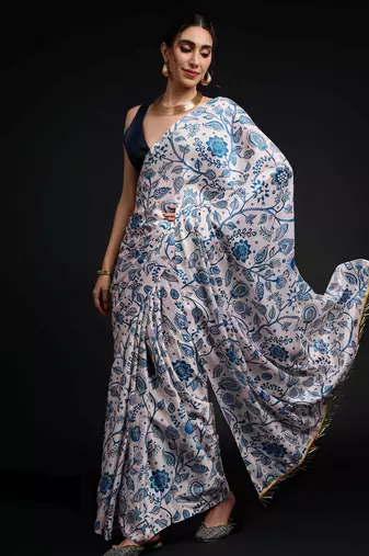 blue chinon prinnted ready to wear saree